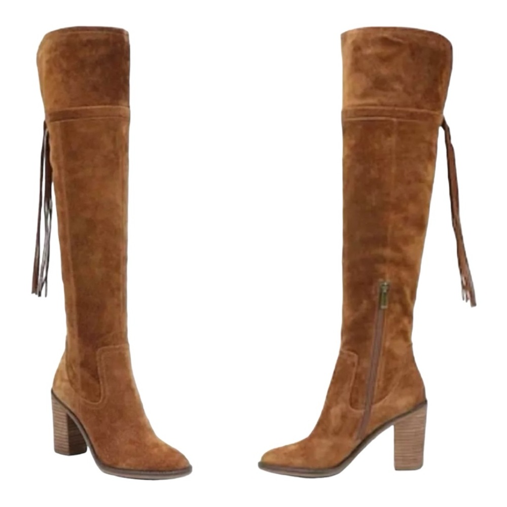 Franco Sarto Elnora Tall Suede Over The Knee Boots Brown Boho Fringe Size 7.5 M